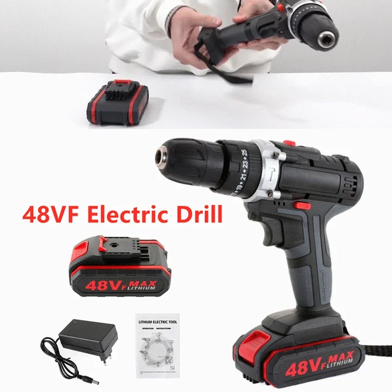 

48VF Electric Drill Impact Drill Cordless Screwdriver Lithium Battery Wrench Drill 1x Battery and Battery Charger Power Tools