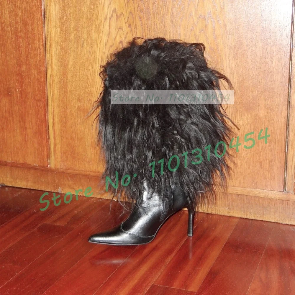 Black Fur High Heels Mid-calf Boots Women Trendy Chic Pointed Toe Sexy Fluffy Boots Ladies Feminine Party Stiletto Heel Shoes