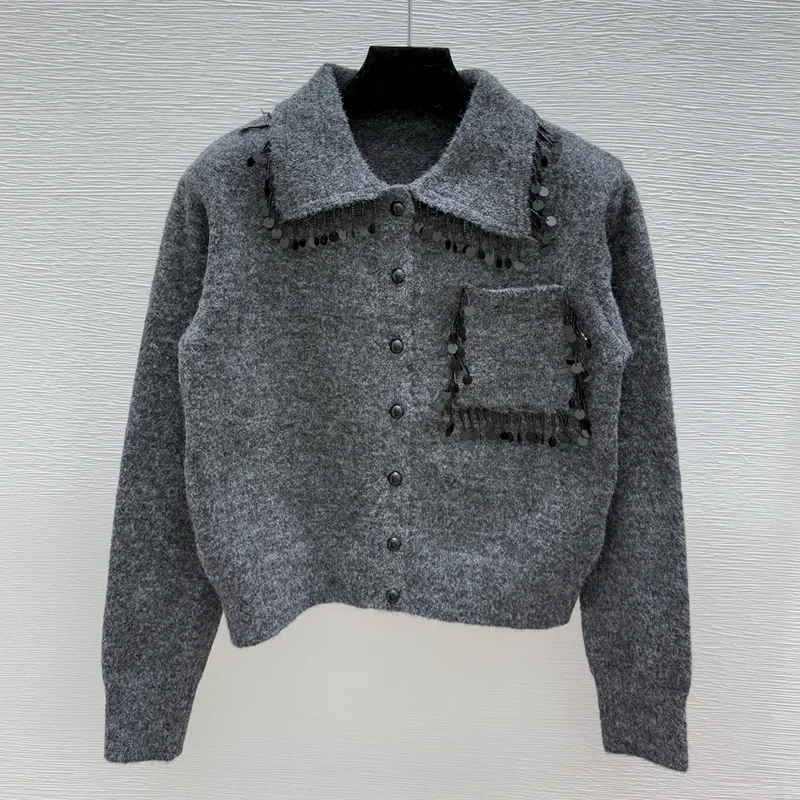 

High-quality drapeable round sequin women's dark grey single-button lapel cardigan lady sweater 251004143