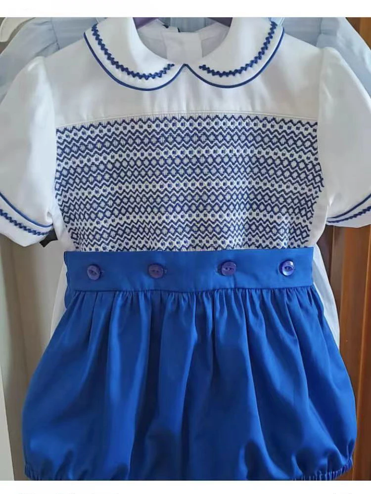 

0-3Y Boy Summer Blue Smocked Outfit Suit