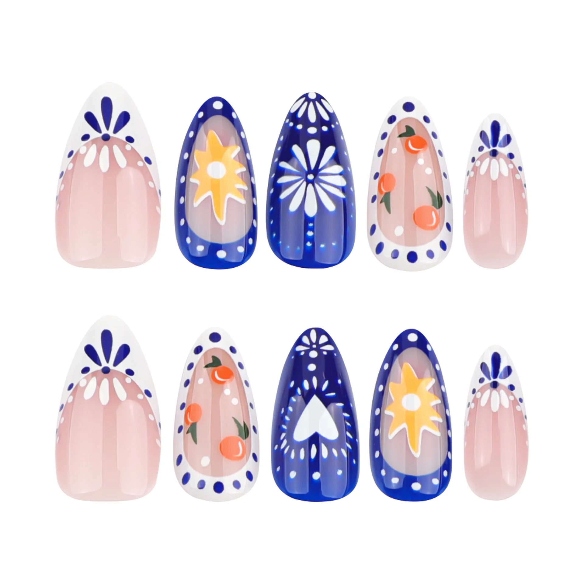 

24PCS False Nails Love Blue White Firework Flower Print Almond Press on Nails with French Sweet Color Design Removable Manicure