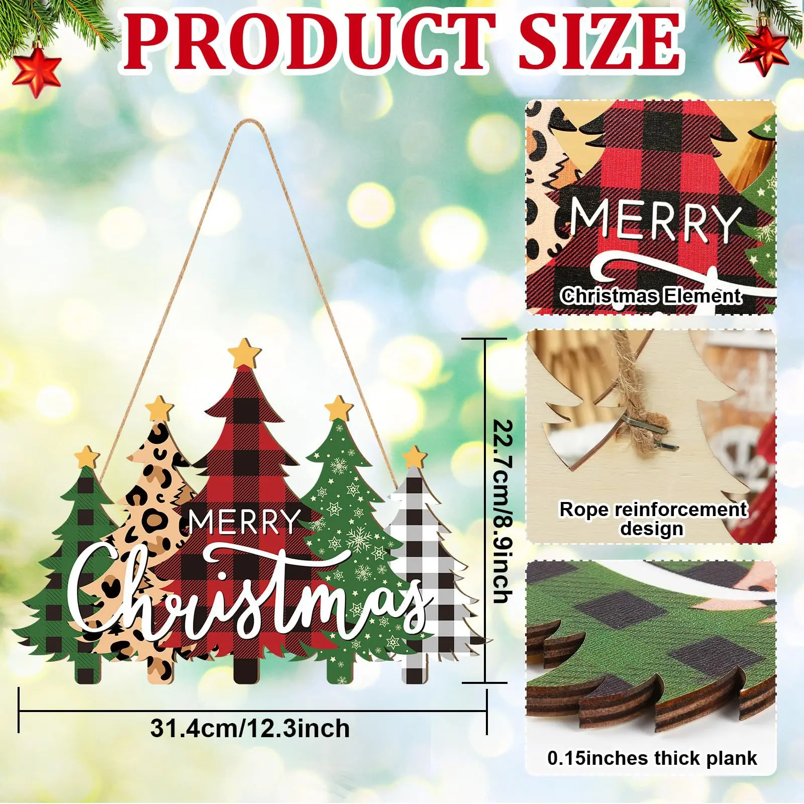 Wooden Christmas Tree Hanging Sign Merry Christmas Plaid Leopard Print Ornament Xmas Tree Decoration Home Wall Door Decor Gift