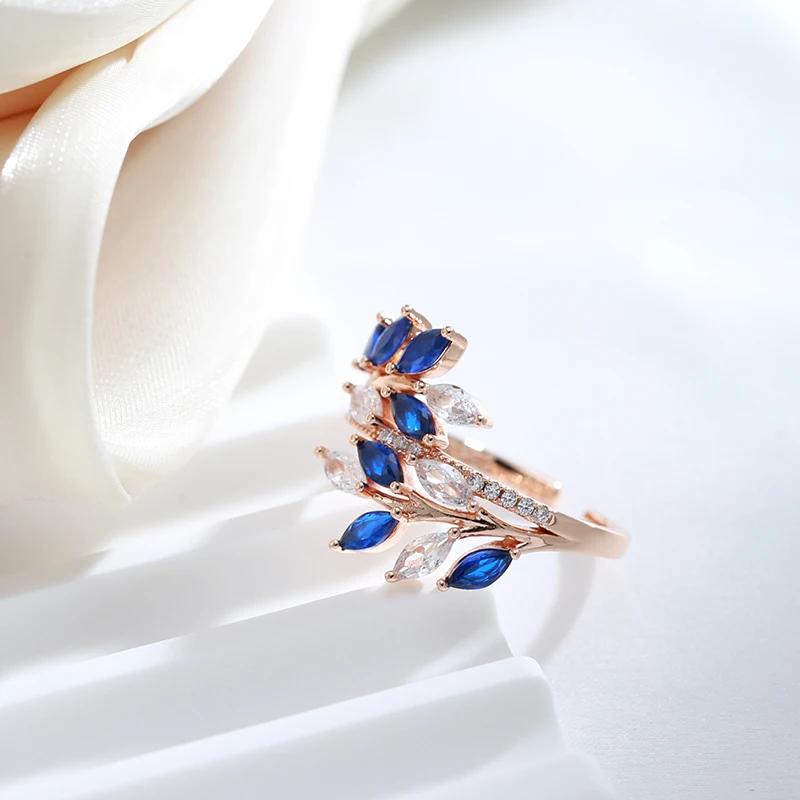 Kinel Luxury Full Paved Blue Purple Green Natural Zircon Open Rings for Women 585 Rose Gold Color Hollow Flower Vintage Jewelry