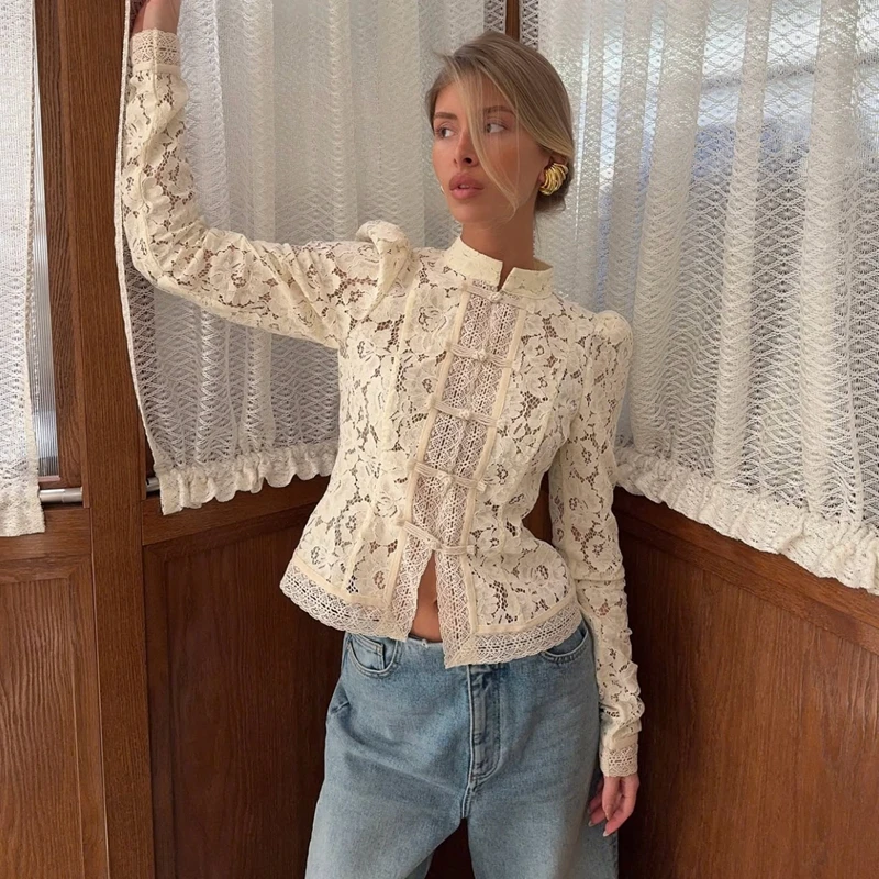 

Women OL Elegant Floral Lace Sheer See-through Shirt Puff Long Sleeve Frog Button-down Slim Fit Blouse Tops Clubwear