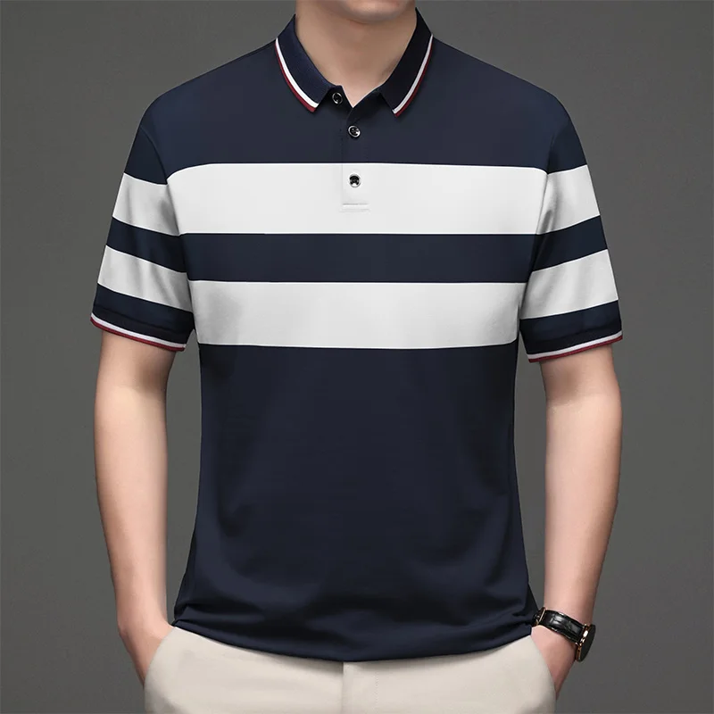 Formal Pullover Striped Contrast Color Turn-down Collar Men's Clothing Short Sleeve Summer Button Polo T-shirt Preppy Style Tops