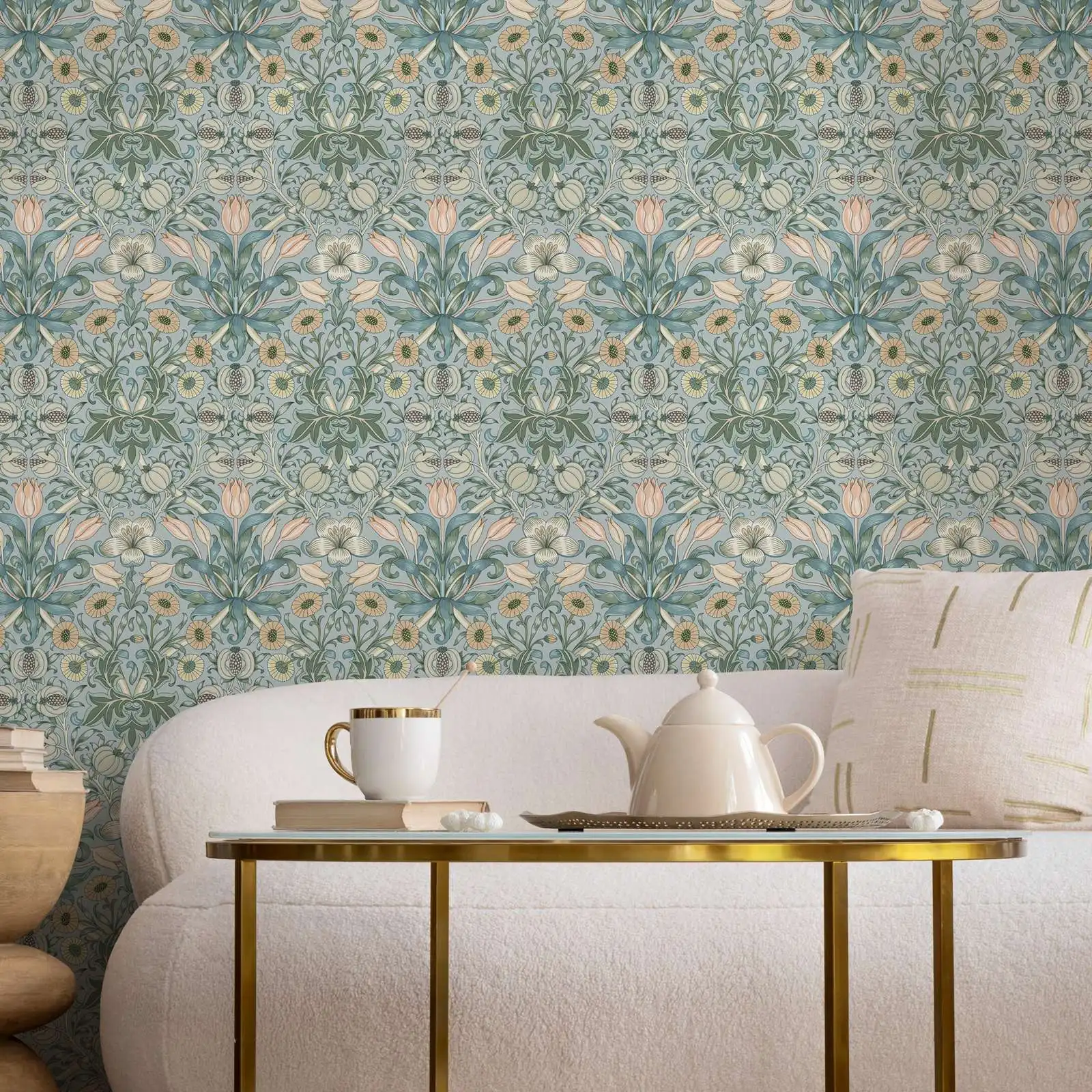 Self-adhesive Scandinavian Wallpaper,Vintage Green Flowers Wall Mural Peel and Stick For Room Decor Wall Art,Or Tradition Murals