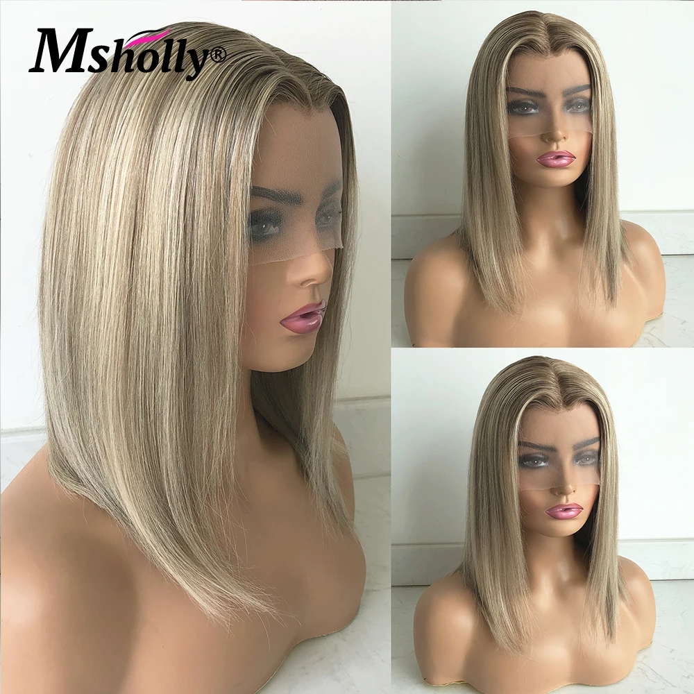 

Highlight Ash Blonde Lace Front Human Hair Wig 180% Density Short Bob Cut Transparent 13x4 Lace Wig Preplucked Remy Hair Wigs