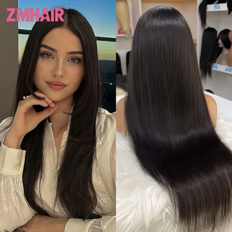 

Прямой черный парик с челкой, 100% натуральные человеческие волосы, шелковая основа 6x6, парик с шелковой основой 180% плотности, с центральным пробором, из натуральных волос, 20 дюймов