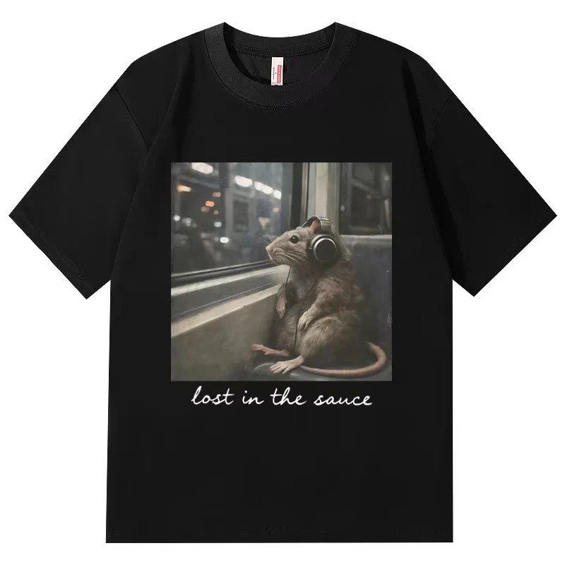 Lost in The Sauce Funny Rat Meme T-shirt High Street Fashion Trend Short Sleeve T-shirts Women Casual Loose T Shirt