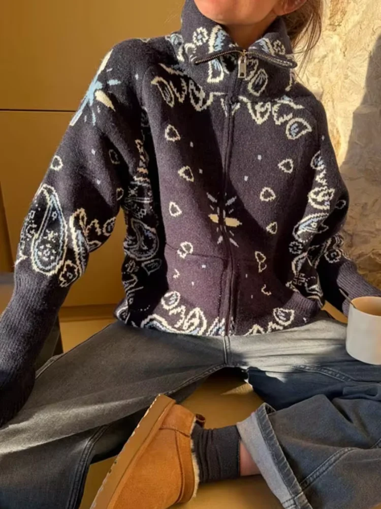Damski kardigan rozpinany na zamek, luźny, z klapami, kieszeniami, modny, dzianinowy, żakardowy sweter damski, zimowy płaszcz z długim rękawem, styl uliczny, 2026