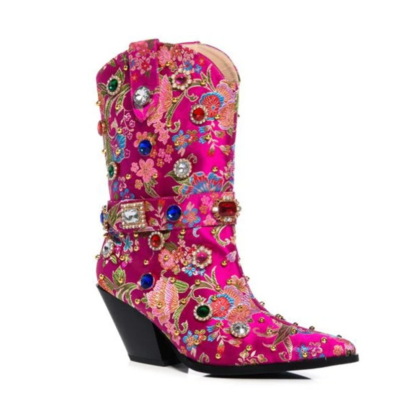 Brand Woven Brocade Embroidery Rhinestone Rivet Short Boots  New Fashion Show Pointed Slope Heel Chelsea Women's Boots Size 43
