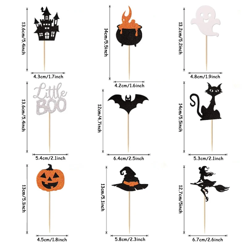 9/18pcs Halloween Black Witch Pumpkin Hat Bat Cake Topper Adult Toothpick Cake Flag Insertion Birthday Party Halloween Decor