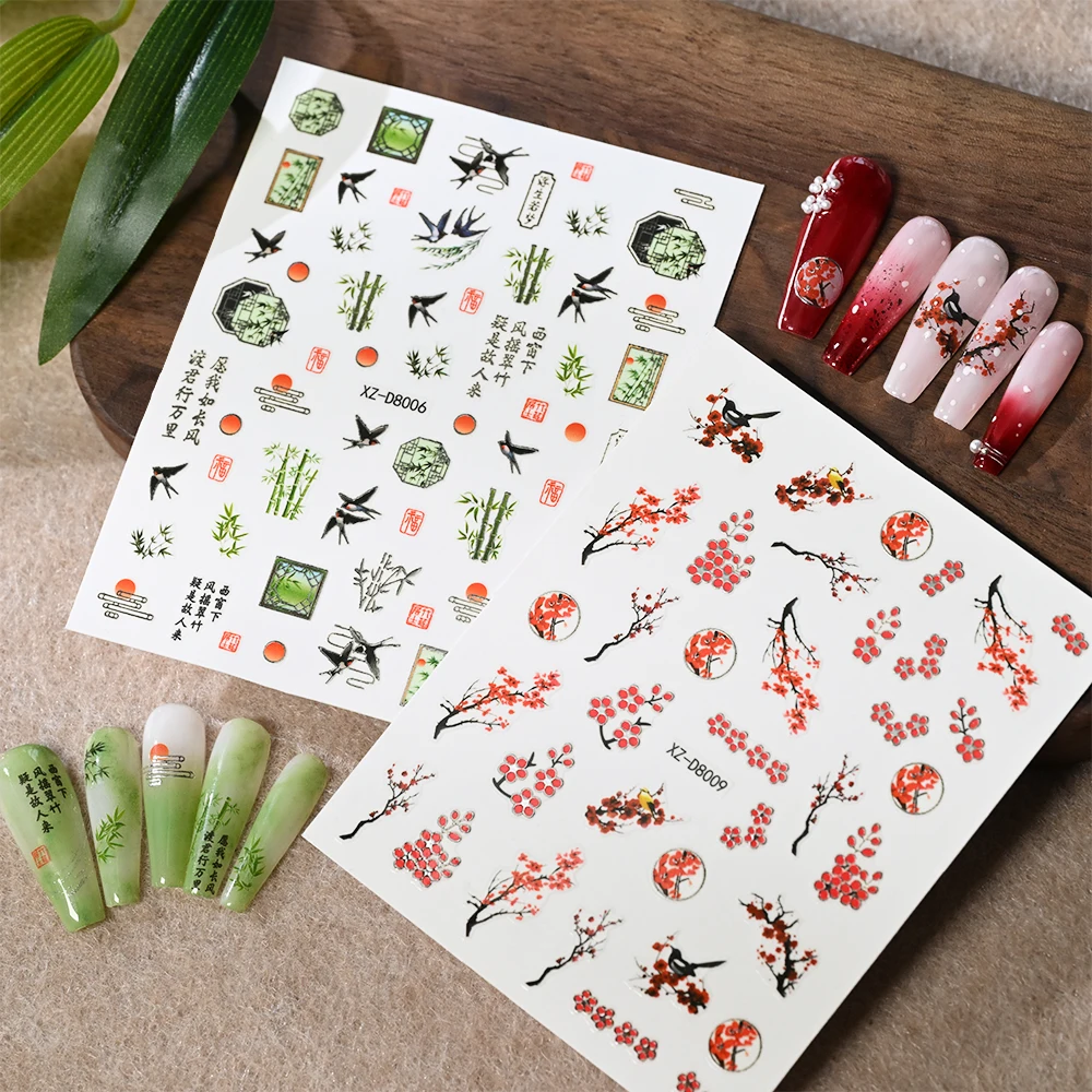 12 Uds. Calcomanías 3D Vintage de bambú/hoja/flor de ciruelo/Pez Koi para uñas, pegatinas de personajes chinos para decoración creativa de uñas