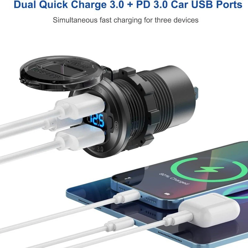 Universal 12V/24V USB Outlet Marine Panel Dual PD3.0 & QC3.0 Car Charger Waterproof with Touch Switch for Car Motorcycle RV Boat