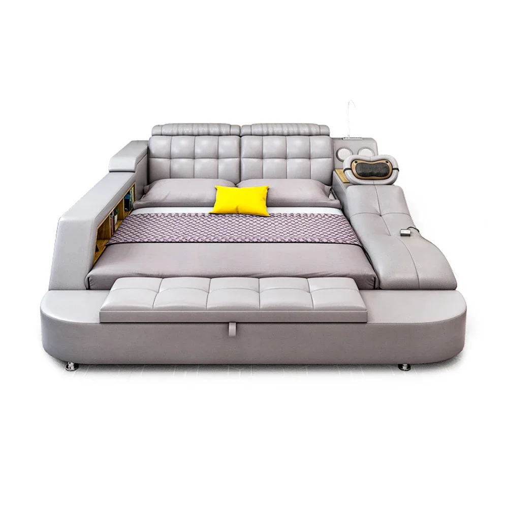 Tech Smart Genuine Leather Bed with Massage Recliner, Bluetooth Speakers, USB, Bookshelves & Storage Drawers