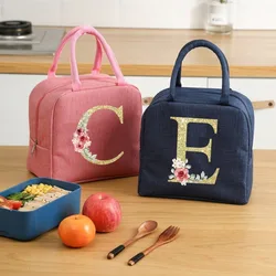 Borsa per il pranzo portatile con nome personalizzato scatola termica per ufficio impermeabile durevole scatola per il pranzo con lettera rosa borsa termica per alimenti isolata