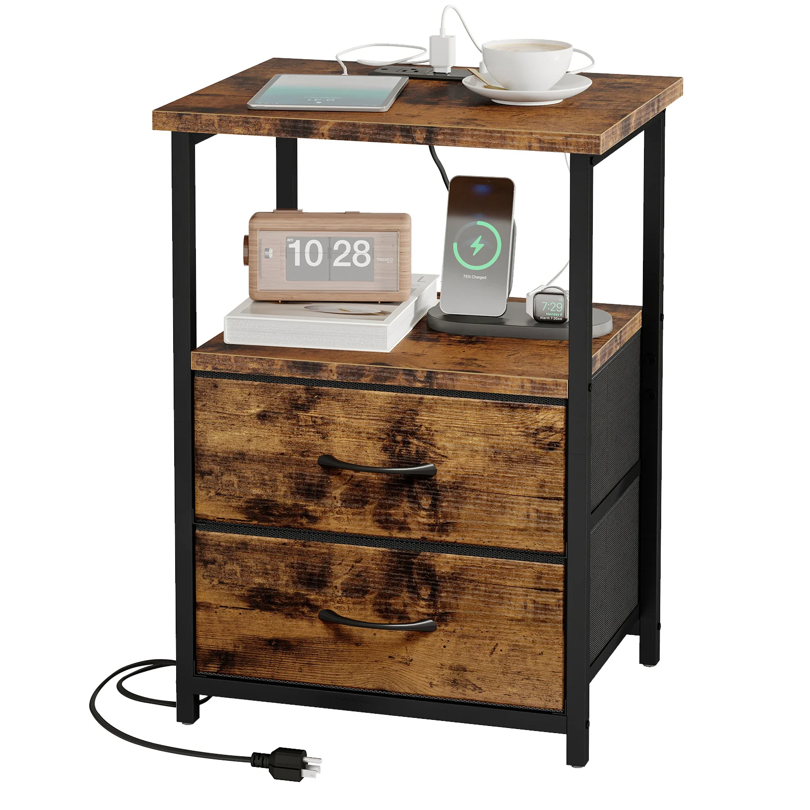 

Whonline Night Stand with Charging Station, LED Nightstand, U-S-B Ports and Outlets convenient for charging phones, 2 Fabric Storage Drawers with PU Finish, Bedside Table For School And Dormitory Storage, Black and White, For Halloween and Christmas