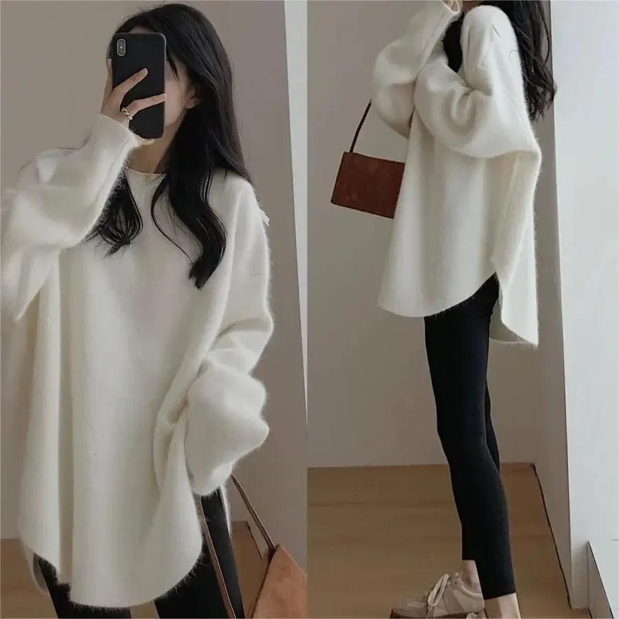 Pullovers Long Sleeve Knitted Jumper Women Sweaters Solid O Neck High Street Spliced Slight Strech Loose Fit Sweater Autumn