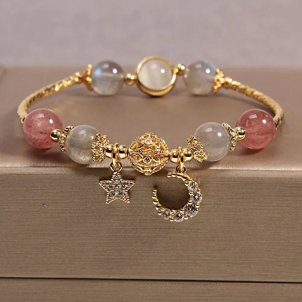 Pulsera de cristal Conjunto de pulsera elegante para mujer con cuentas de ágata sintética Colgantes de luna y estrella pulida Acentos de diamantes de imitación para ir de compras