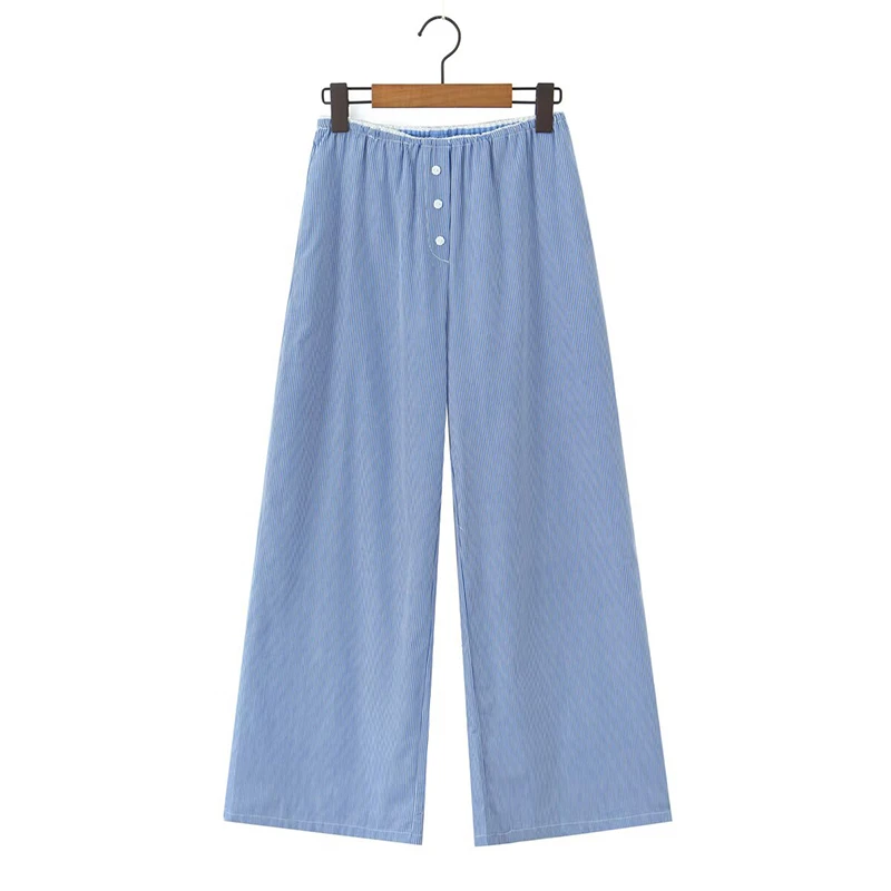 

New 2026 Women Elastic Waist Blue Pink Striped Casual Pants