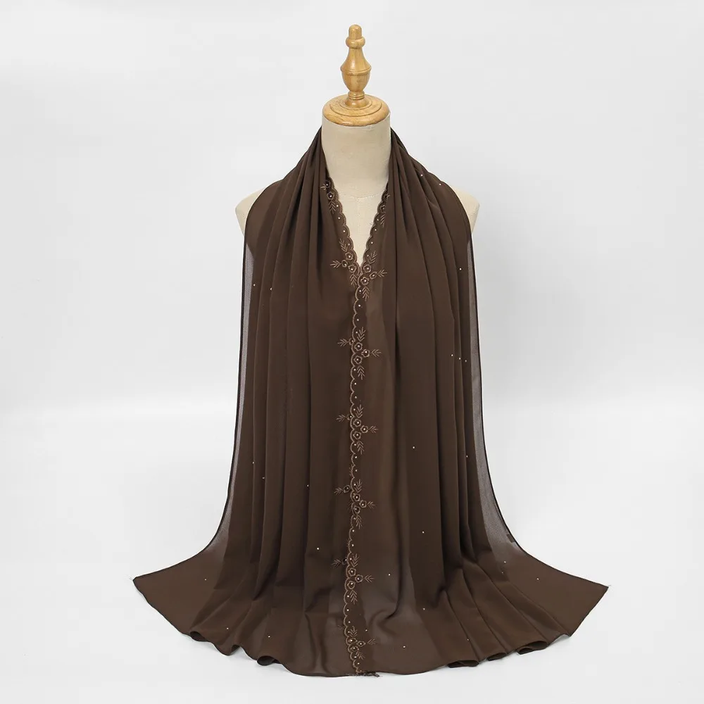 

High Quality Solid Color Hijab Scarf Chiffon Floral Embroidery Women Shawl Rhinestone Plain Bandana Scarf