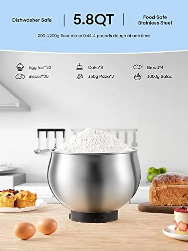 5.8 QT Stainless Steel Mixer with Dough Hook, Mixing Beater, Wire Whip, Dishwasher-safe, 6+P Speeds Tilt-Head Kitchen