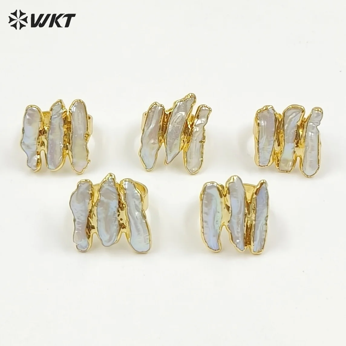 WT-R305 Three Bar Of Different Shape Freshwater Pearl With Gold Dipped Adjustable Ring Women Elegant Jewelry Ring