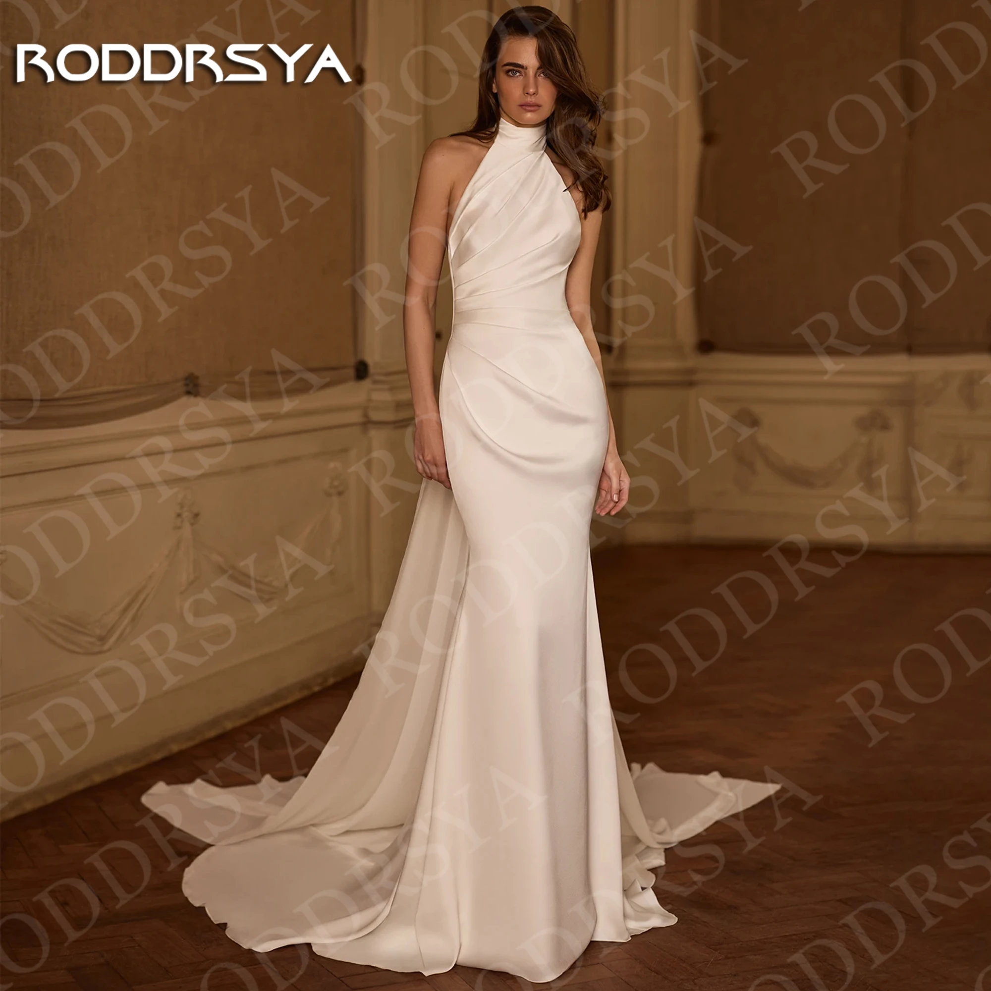 

RODDRSYA Halter Neck Wedding Dress Open Back Woman Modern Satin Mermaid Bridal Dresses Sleeveless Customized robe mariée 2026