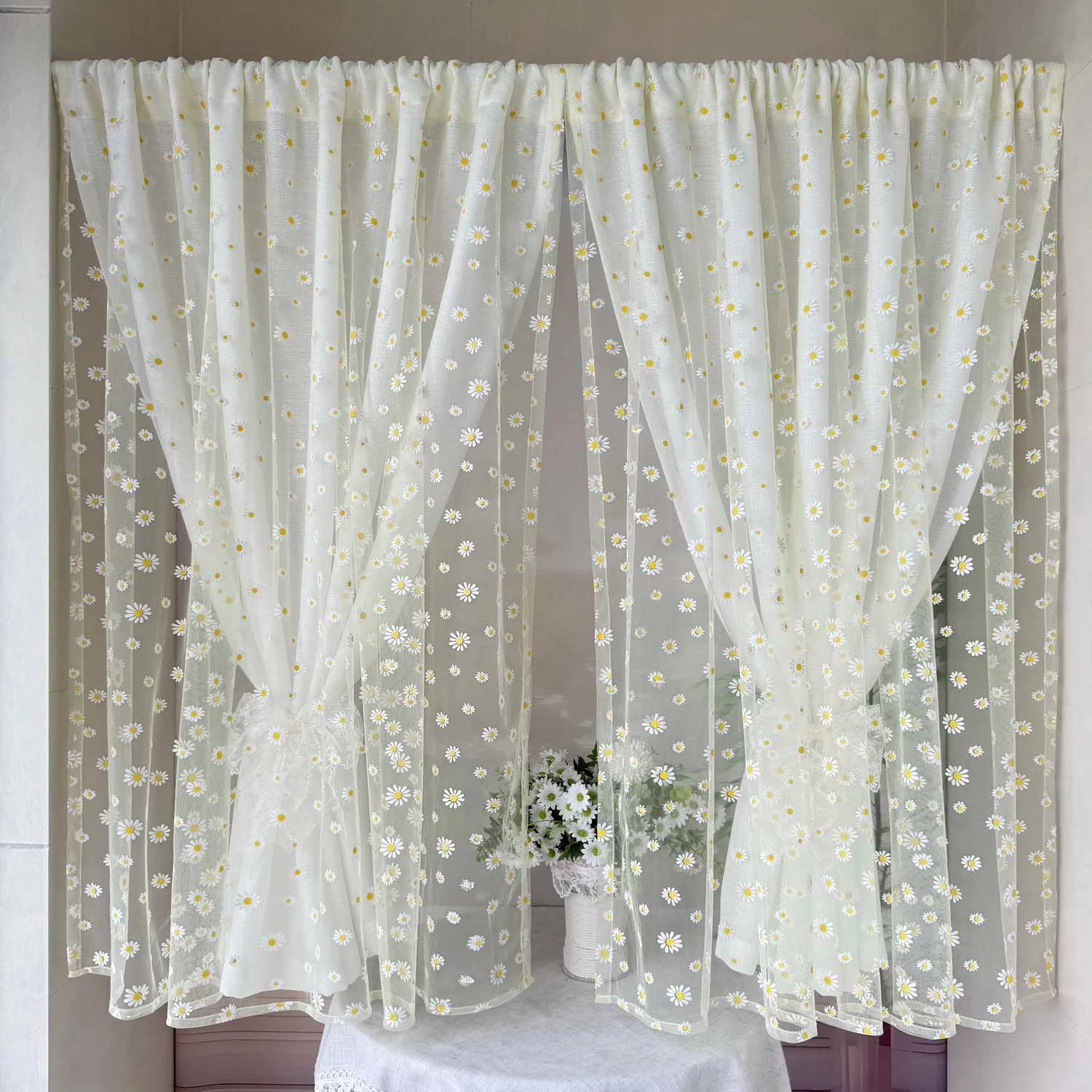 

Daisies Double Layer Semi-Shading Curtain Yellow Printed Sheer add White Gauze Curtains for Bedroom Balcony Small Window