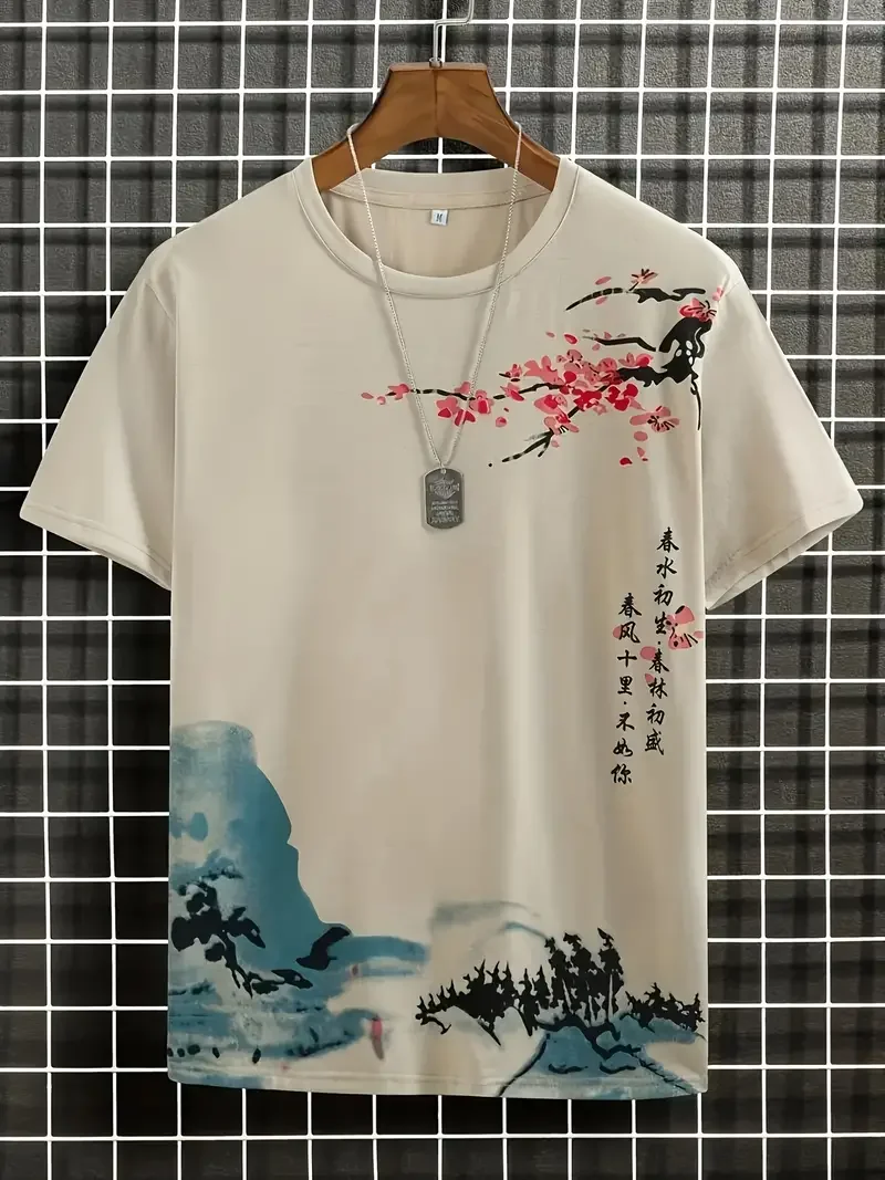 Men's T-shirt  3D Plum Blossom Printed Loose Short-Sleeved Pullover Y2k Casual Streetwear Trend T-shirt for Men's Clothing