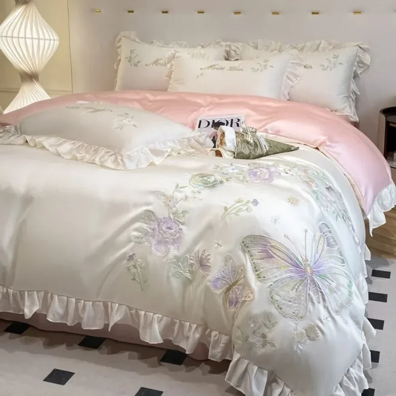 

Pastoral small fresh 80 tencel four-piece set plant flower embroidery summer cool silky smooth quilt cover bed sheet