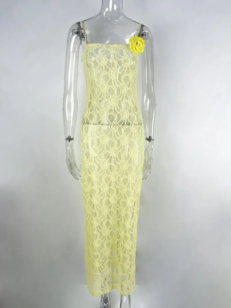 Elegant Woman 2024 Spring Summer Sleeveless Hollow Out Long Maxi Lace Dress High Street Solid Bodycon Formal Party White Dresses