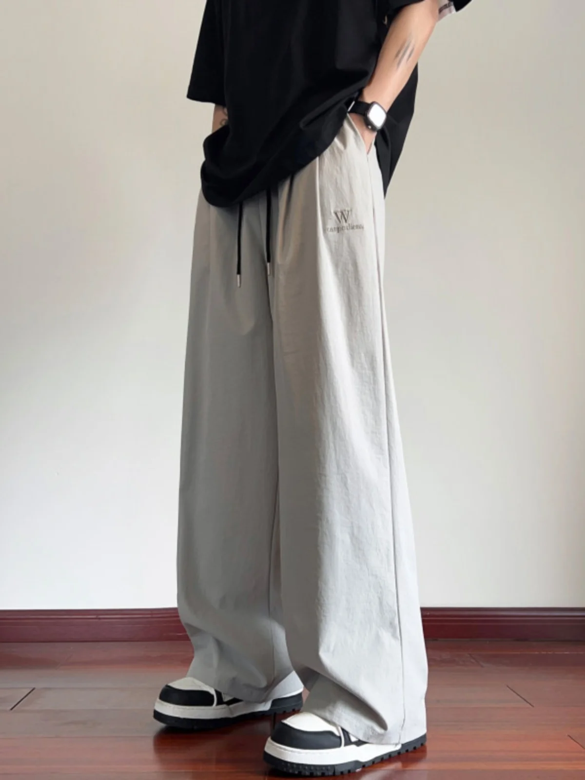 

Summer Thin Ice Silk Quick Dry Loose Wide Leg Straight Casual Pants Men's Embroidered Durable Comfortable Breathable Trousers