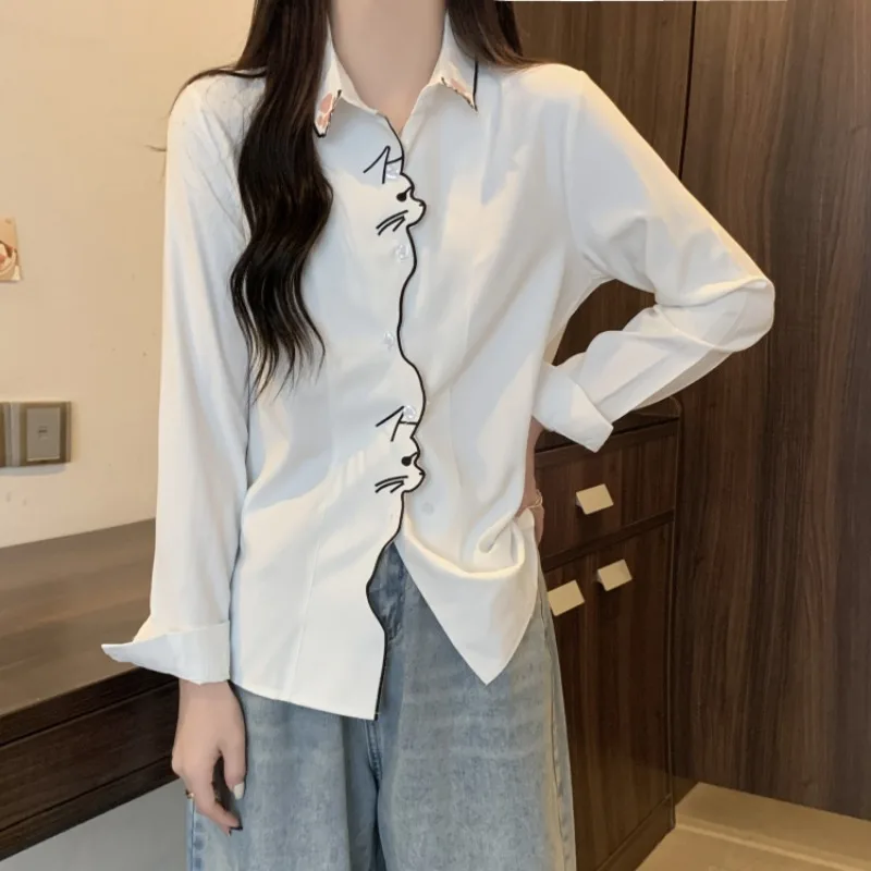 Autumn Office Lady Long Sleeve Embroidery Blouse Elegant Clothes Casual Cat Pattern White Shirt Sweet Women Tops Blusas 7902 50