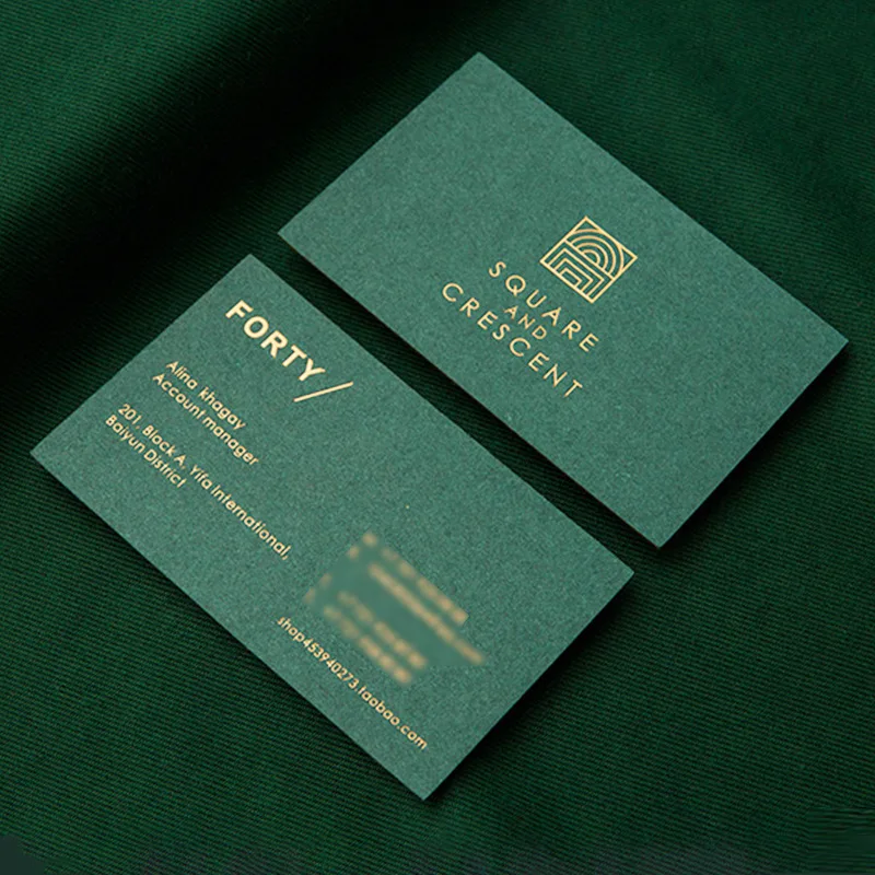 Custom Dark Green Cotton Paper Business Cards Gold Foil Spot UV Gilded Edge Embossed Specialty Paper Luxury Visiting Name Cards