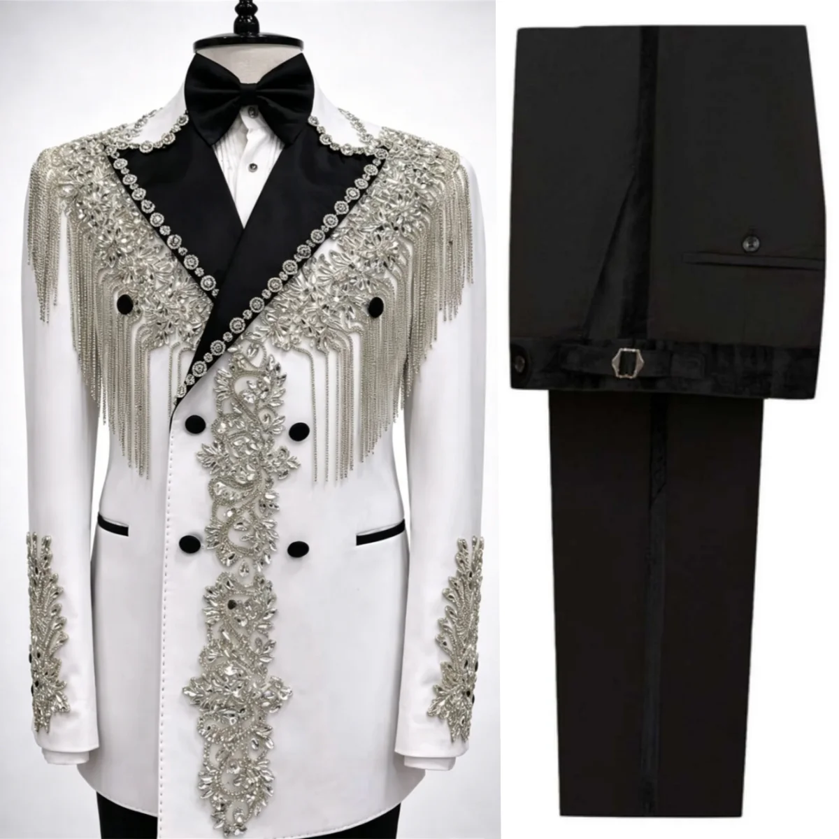 

Stylish Crystals Men Blazer Suits Double Breasted Peaked Lapel Pant Sets Tassel Customized 2 Pieces Costume Homme