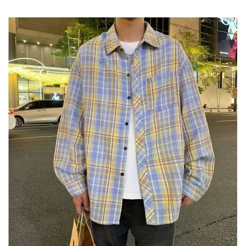 

Мужская клетчатая длинная све, повседневная одежда, весна-осень, свободная посадка, классический воротник, тюнер, полиэфирное волокно, видання-стойка