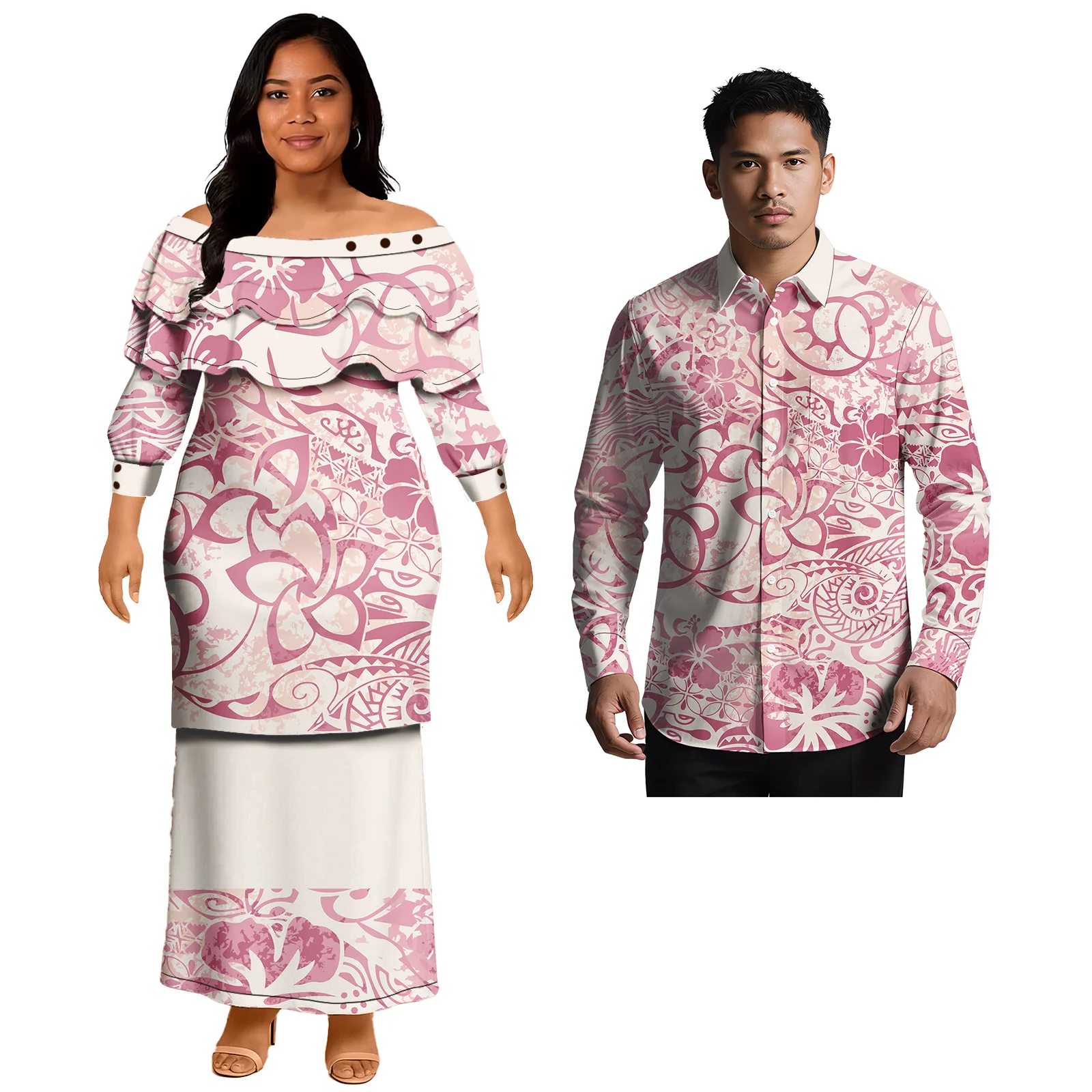 

Модный комплект для влюбленных: мужская рубашка алоха и женская полинезийская рубашка пулетаси с открытыми плечами, 2 предмета, оверсайз, для пар, в самоанском стиле