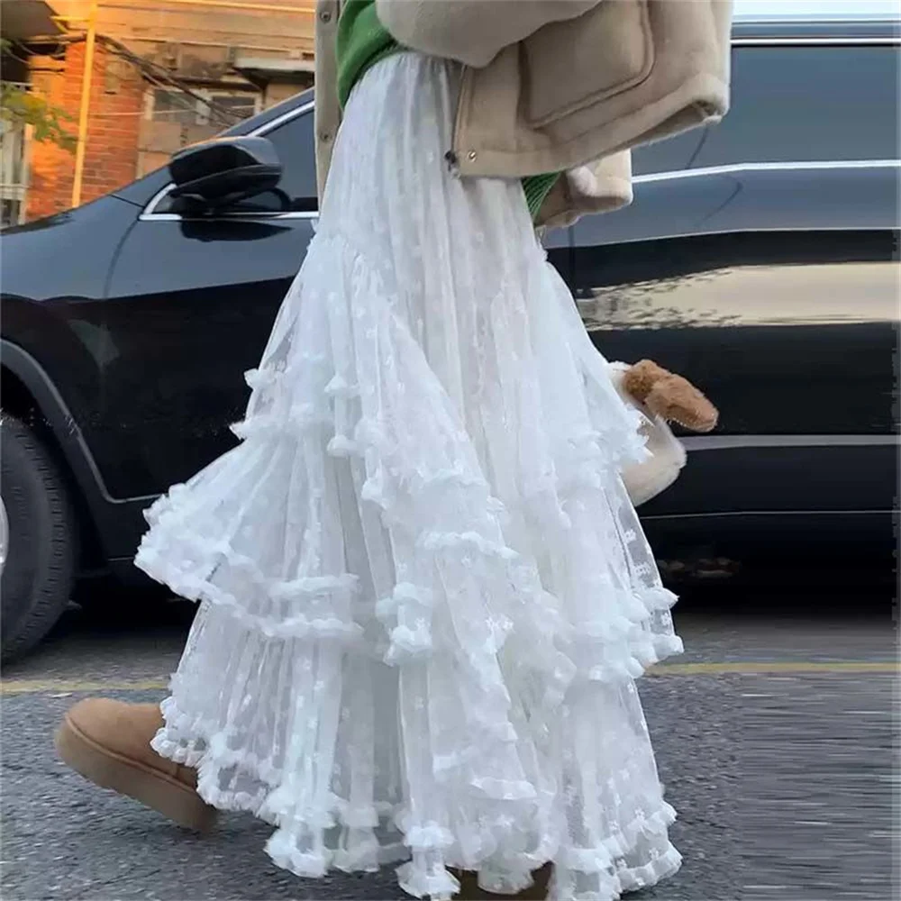 

French Women White Sweet Lace Princess Skirt Elegant Ruffle Solid High Waisted Slim Midi Skirts Korean Fashion Casual Clothing