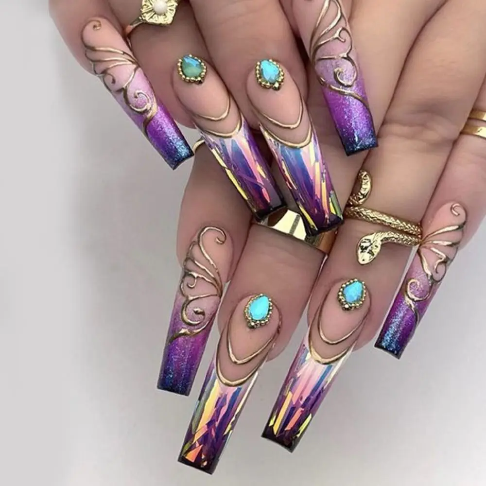 Long Ballerina False Nails Purple Butterfly Nail Tips Fake Nails Women Girls Fashion French Detachable Full Cover Press on Nails