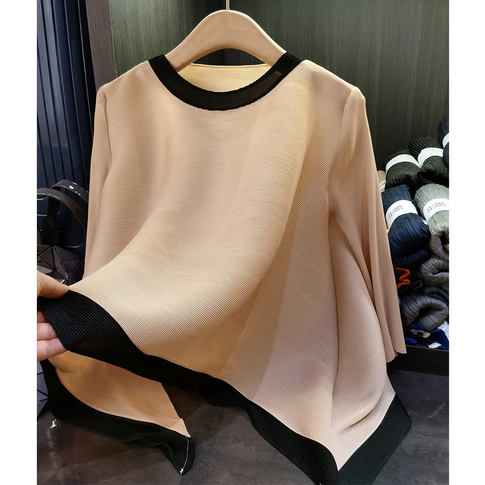 Miyake plissé été nouveau Style couleur bloc col rond trois-quarts manches ample haut plissé polyvalent T-Shirt pour les femmes