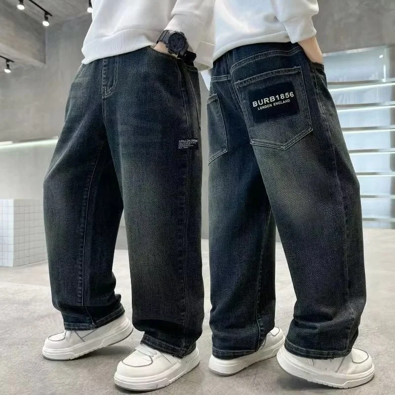2025 New Style Boys Letter Embroidery Jeans Spring and Autumn Fashionable Children's Trousers Teenagers Casual Long Pants 4-14Y