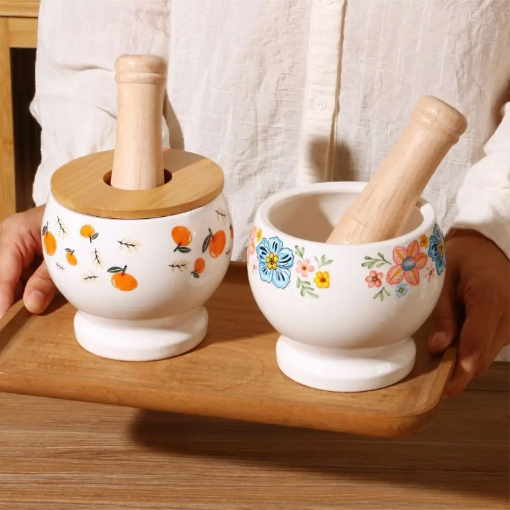 Garlic Pounder Ceramic Ceramic Mortar Labor Saving Flower Pattern Garlic Mortar Internal Thread with Lid Manual Mortar Kitchen