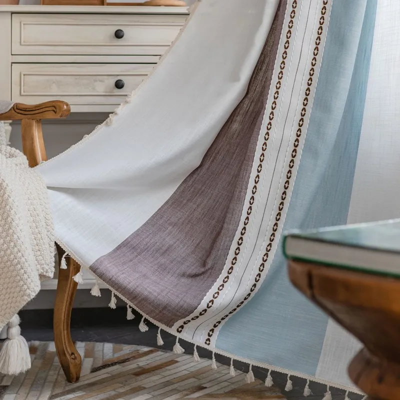 American Style Thick Cotton Linen Stripe Blackout Window Curtains with Tassel Bedroom Kitchen Drapes Curtains In The Living Room
