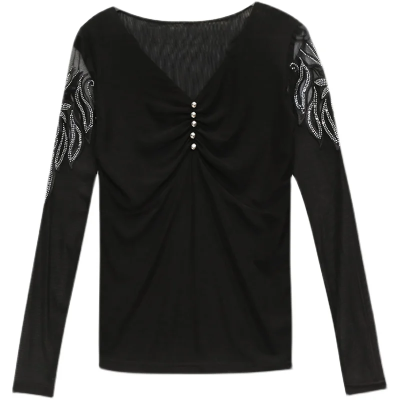 Automne 2024 Nouveau lourd strass Long Sve T-irt femme Faion Slim Version coréenne V-Ne Base irt Commute Sle Classi...