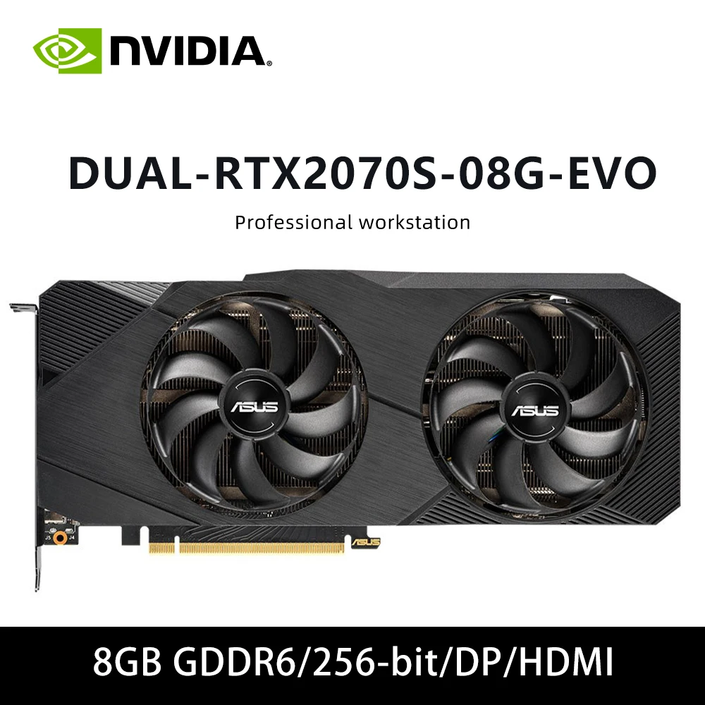 بطاقة رسومات ASUS DUAL RTX 2070S 08G EVO GDDR6 8G 256bit 2070S تدعم HDMI DP PCI 3.0 مروحة مزدوجة للكمبيوتر المكتبي