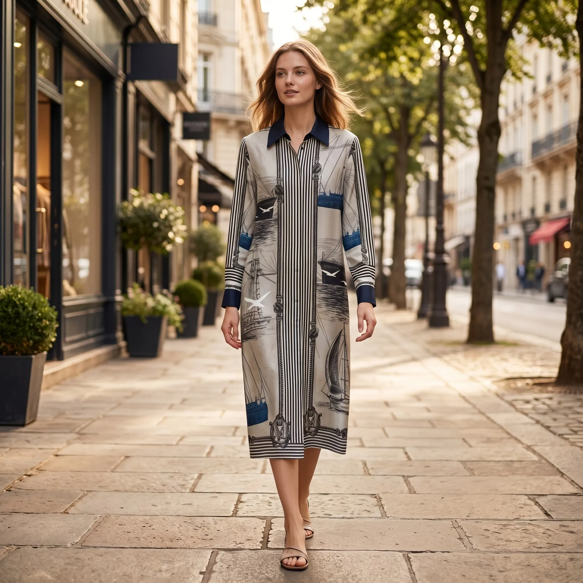 100%Silk Nautical Print Shirt Dress Women Striped Button Down Midi Dress Long Sleeve Elegant Resort Vacation Dress BF2317