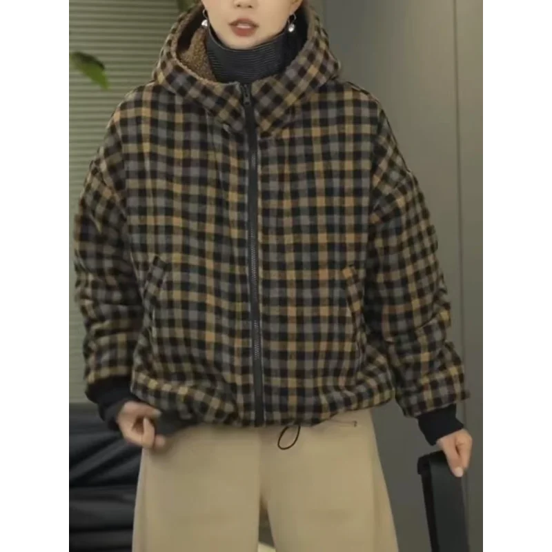 

2025 Autumn and Winter New Thick Plaid Premium Casual Versatile Hooded Tops for Women