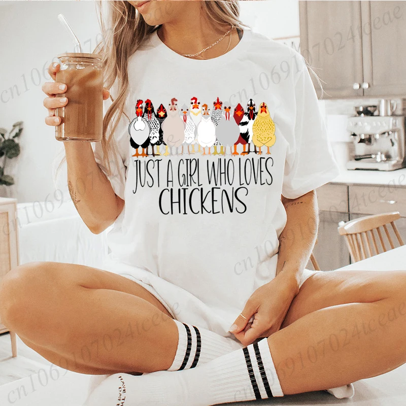 

Женская футболка Just A Girl Who Loves Chickens Топы с принтом Chicken Lover Футболки с короткими рукавами Рубашки унисекс Веселые животные Аниме Y2K Топы