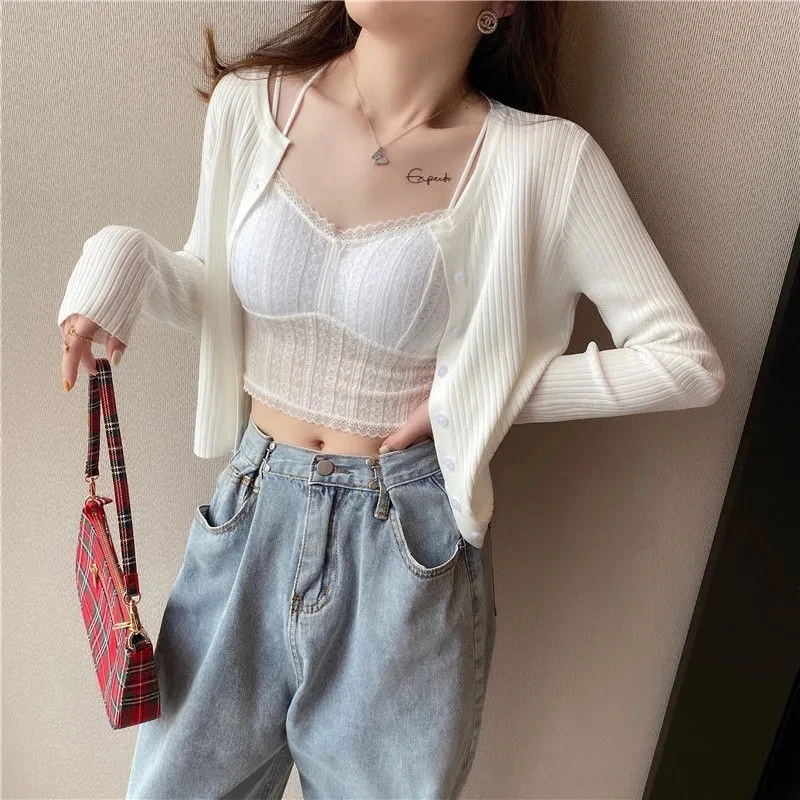 Knitted Cardigan Women Solid Color Simple V-neck New Summer Slim Single-breasted Solid Elegant Knitting Sun-proof Standard Femal